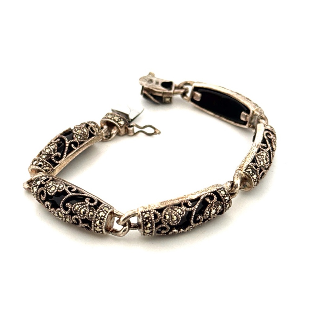 925 Sterling Silver Marcasite and Onyx Judith Jack Vintage Bracelet 29.2G